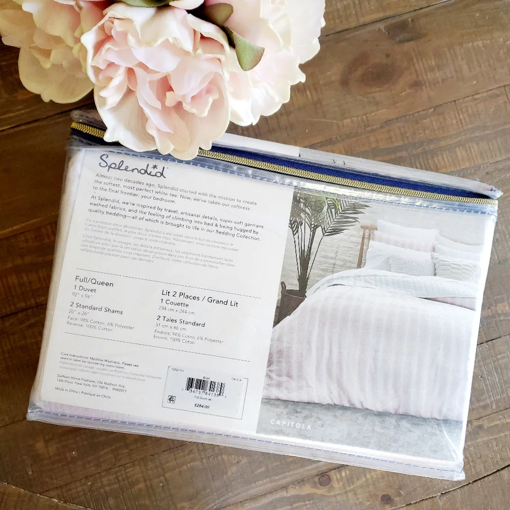 3Pc Splended Home Capitola Pink & White Striped Queen Duvet & Pillowcase Set